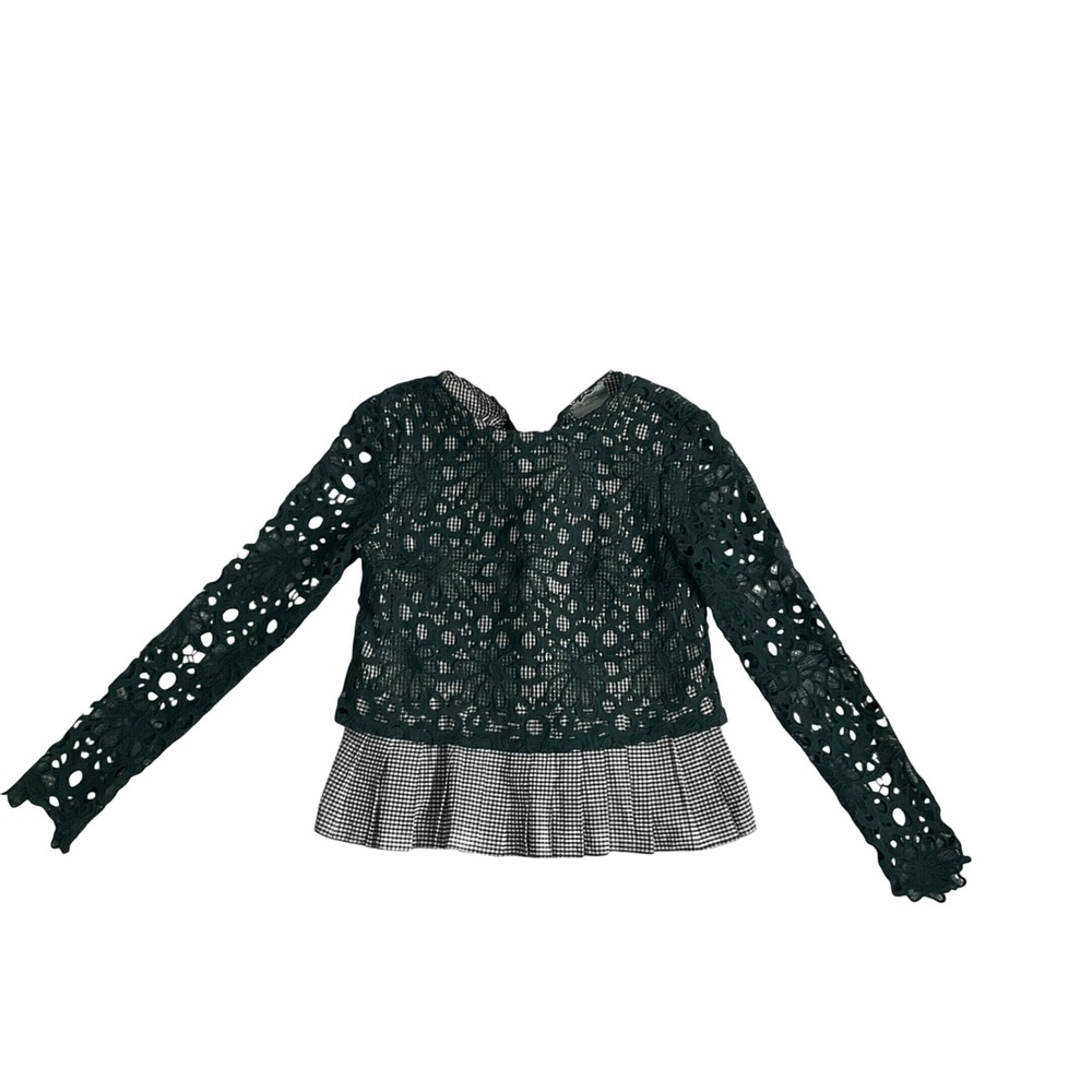 Maeve Lace Gingham Top Womens XS Green Long Sleeve Floral Mixed Media Blouse